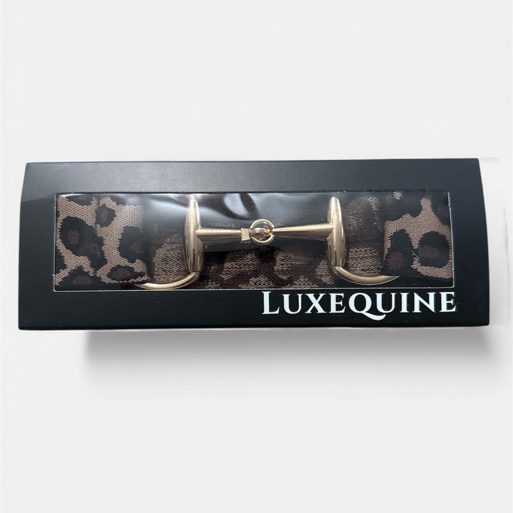 NWT Luxequine 1 1/2” Wide Black/Tan Leopard Belt with Gold Snaffle Bit Buckle - Picture 2 of 4